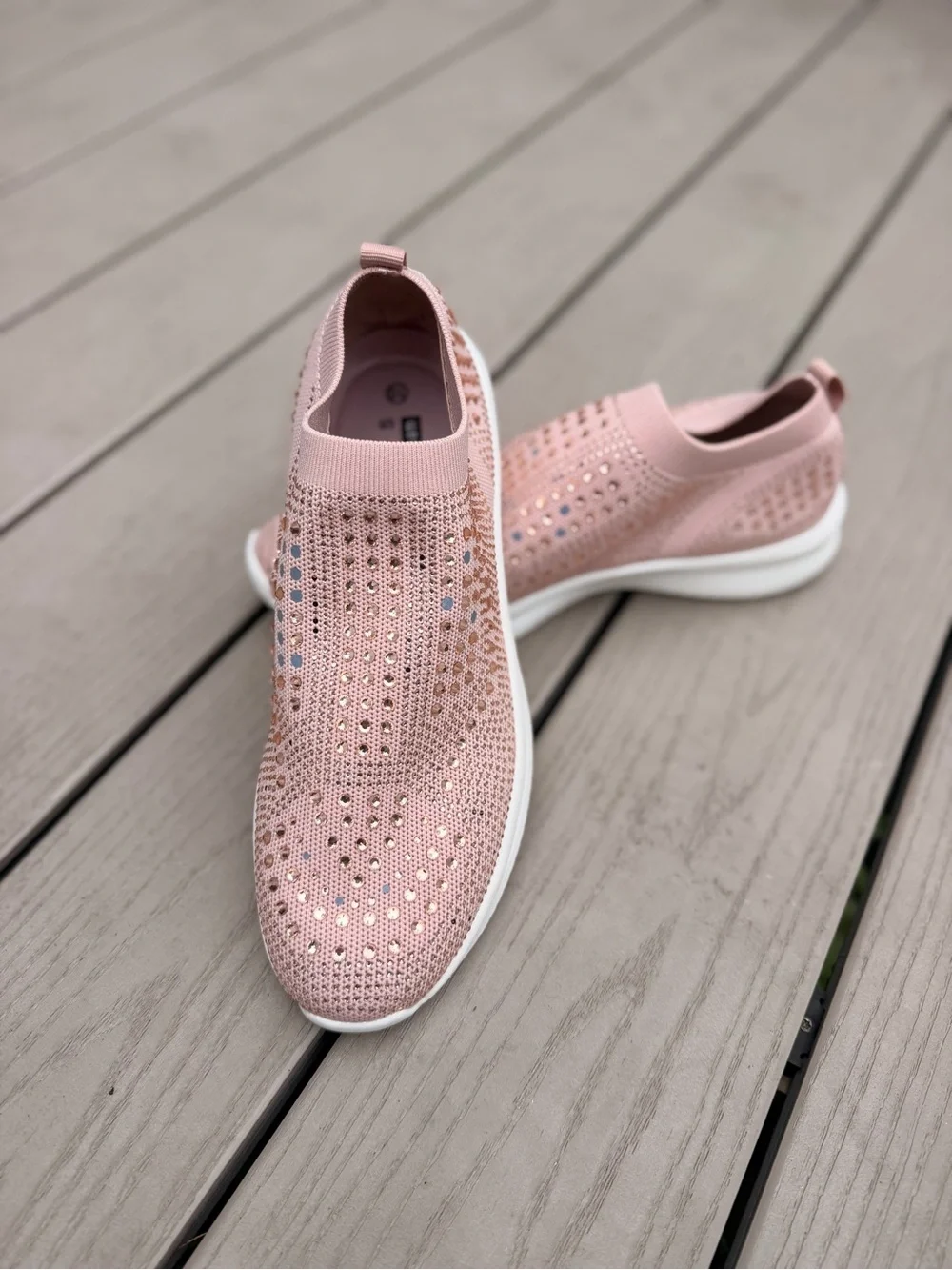 Slip-On Knit Sneakers with Crystal Accents - Blush Pink